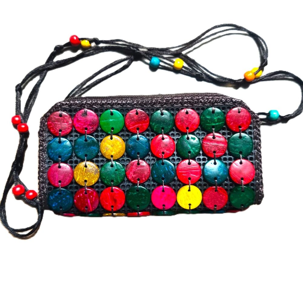 Colorful Beaded Floral Crossbody Shoulder Bag Boho Hippie Double Zip Coin Purse